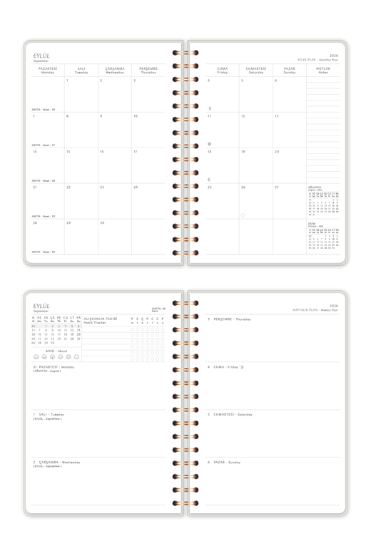 2026-2027 A5 Spiralli Keten Akademik Ajanda - Krem
