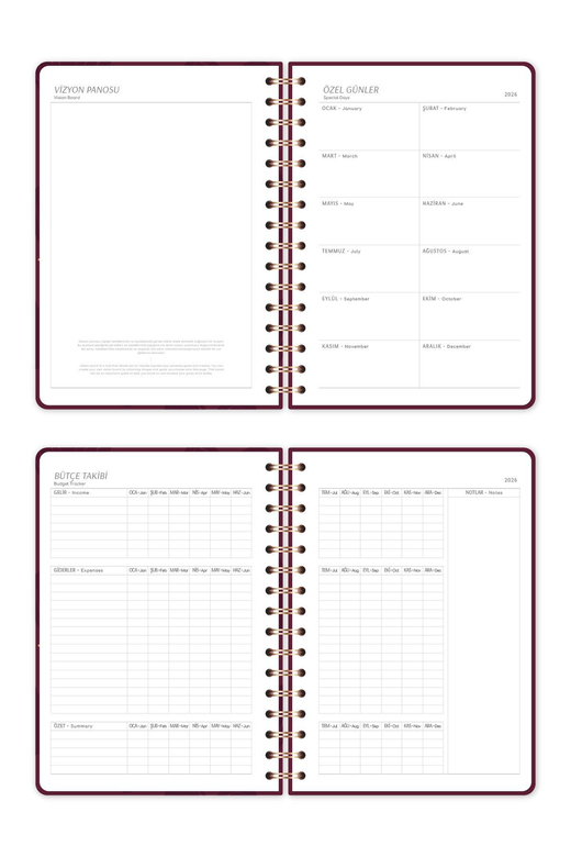 2026 A5 Spiralli Haftalık Ajanda 12 Aylık - Bordo Kalp