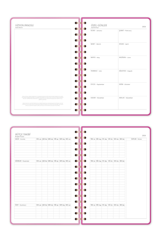 2026 A5 Spiralli Haftalık Ajanda 12 Aylık - Pembe Aura