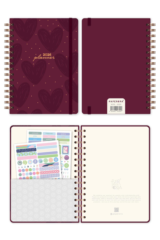 2026 A5 Spiralli Haftalık Ajanda 12 Aylık - Bordo Kalp