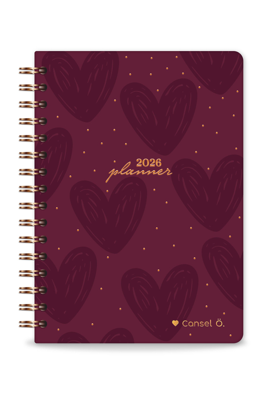 2026 A5 Spiralli Haftalık Ajanda 12 Aylık - Bordo Kalp
