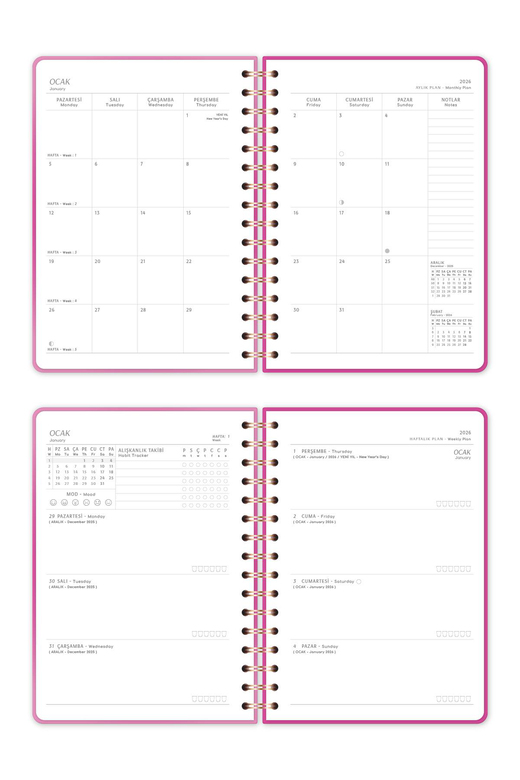 2026 A5 Spiralli Haftalık Ajanda 12 Aylık - Pembe Aura