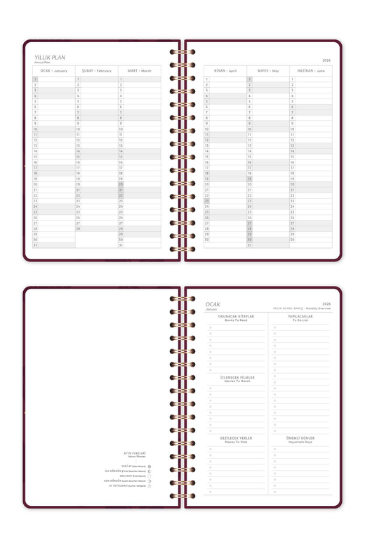 2026 A5 Spiralli Haftalık Ajanda 12 Aylık - Bordo Kalp