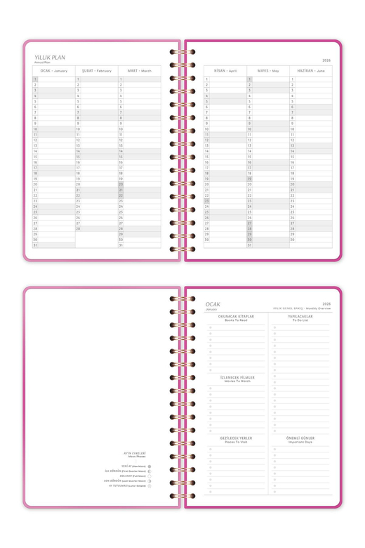 2026 A5 Spiralli Haftalık Ajanda 12 Aylık - Pembe Aura