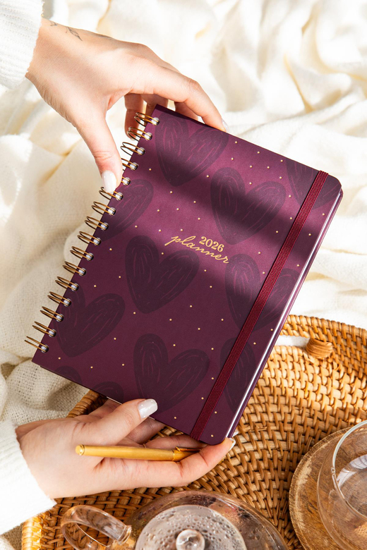2026 A5 Spiralli Haftalık Ajanda 12 Aylık - Bordo Kalp