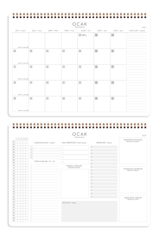 2027 Haftalık Spiralli Masaüstü Planlayıcı 24x34 cm - Desk Planner Siyah