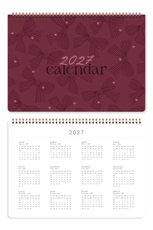 2027 Yılı Spiralli Masaüstü Planlayıcı Takvim Bordo - 21x15 cm