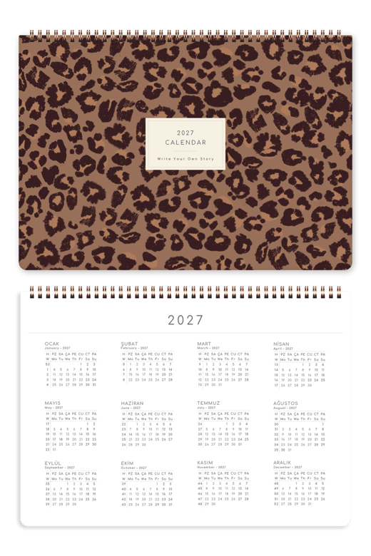 2027 Yılı Spiralli Masaüstü Planlayıcı Takvim Leopar- 21x15 cm