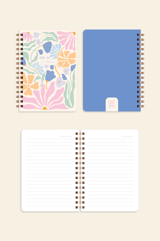 Cep Boy 10x14 cm Spiralli Çizgili Karton Kapak 3'lü Defter Seti Papatya Kelebek Çiçekler