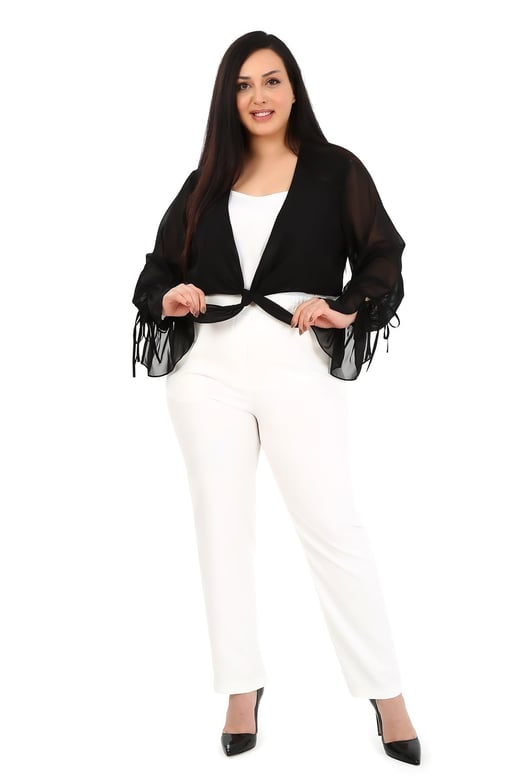 Plus Size Sleeve Detailed Chiffon Black Bolero with Tie-Up Front