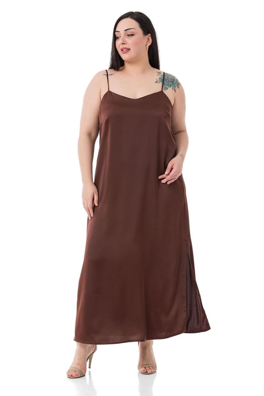 Plus Size Adjustable Thin Strap Satin Brown Dress with Side Slit