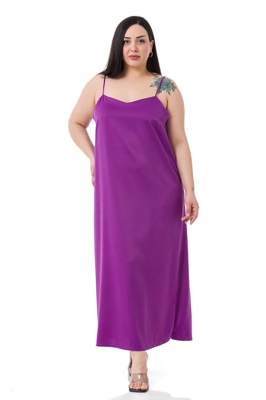 Plus Size Adjustable Thin Strap Satin Purple Dress with Side Slit