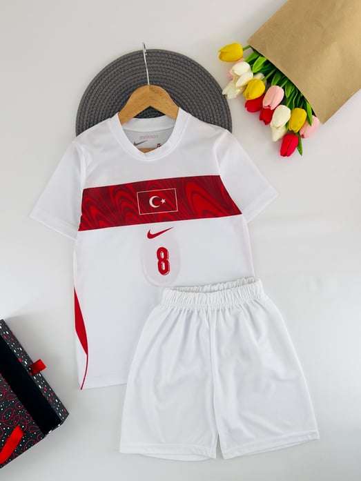 0205 Bayrak Baskılı Erkek Çocuk Şortlu Forma Takımı-BEYAZ