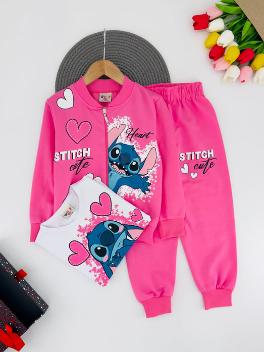 0275-10 Stch Kalp Baskılı Kız Çocuk Üçlü Takım-PEMBE