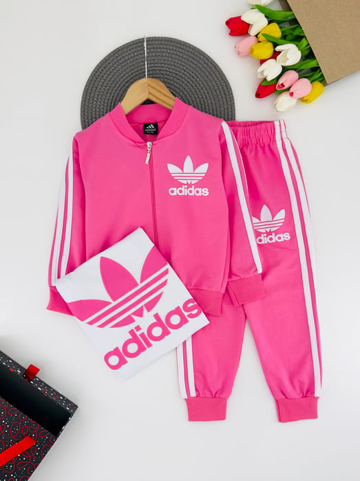 0275-12 Adds Yazılı Baskılı Kız Çocuk Penye Hırkalı 3 Lü Takım-PEMBE