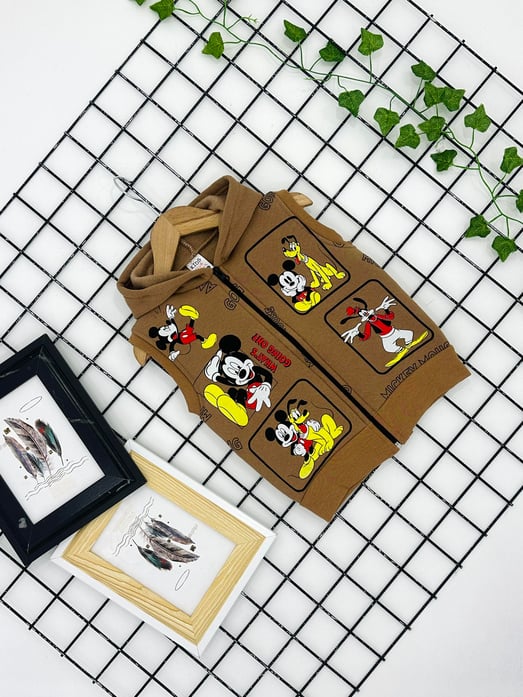 0338 Mickey Baskı Kapşonlu 3ip Erkek Yelek-KAHVE