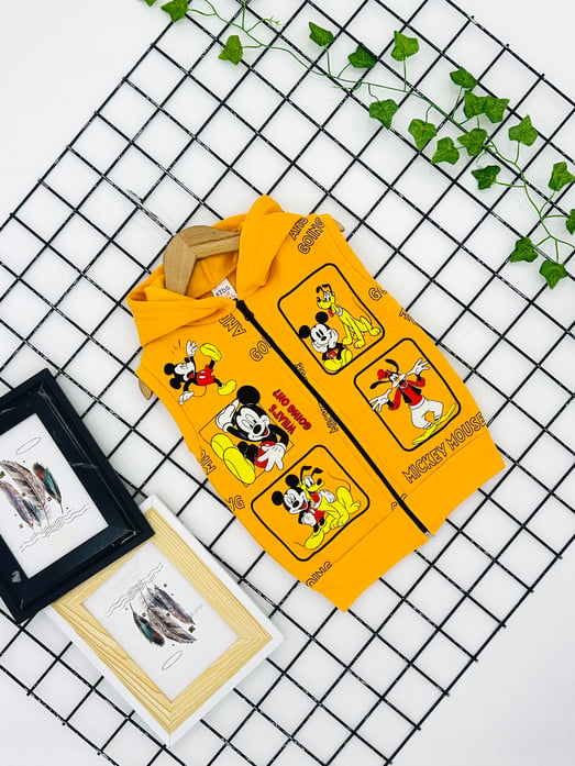 0338 Mickey Baskı Kapşonlu 3ip Erkek Yelek-SARI