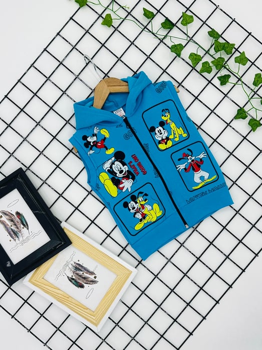 0338 Mickey Baskı Kapşonlu 3ip Erkek Yelek-TURKUAZ