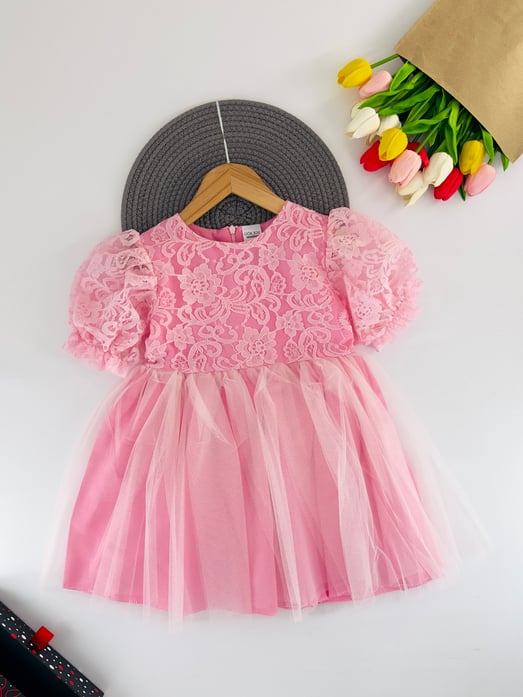 0402 Üstü Çiçek Dantelli İçi Astarlı Kız Çocuk Elbise-PEMBE