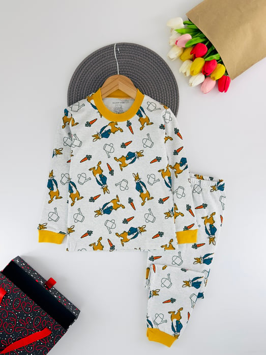 0434-6 Tavşan Havuç Baskılı Unisex Çocuk Pijama Takımı-GRİ
