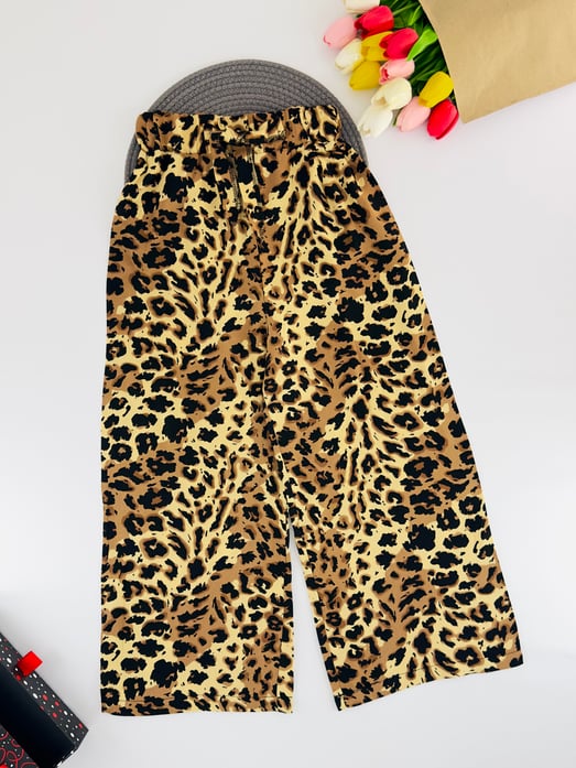 05-054 Leopar Desenli Bel Kemer Detaylı Kız Çocuk Bol Paça Tek Alt-BEJ