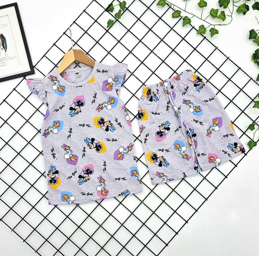 0605-6 Mickey Desenli Kol Fırfırlı Kız Çocuk Şortlu Takım-LİLA