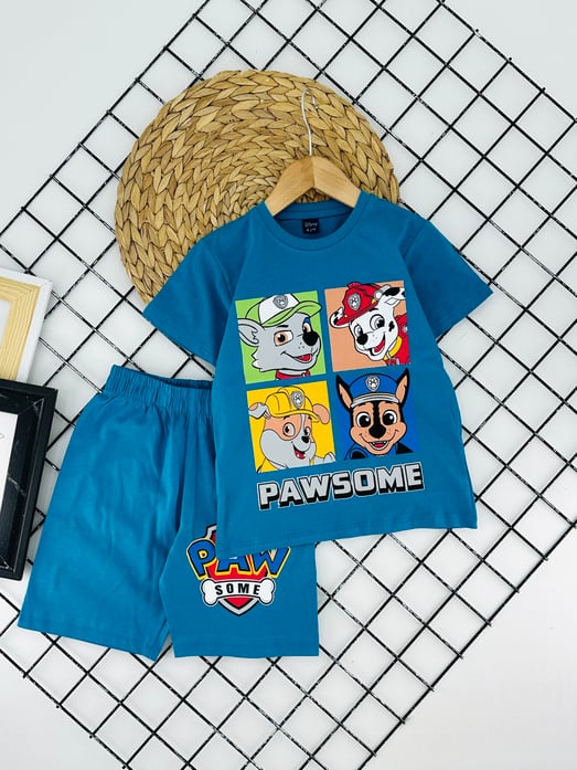 0703-3 Paw Patrol Baskılı Erkek Çocuk Penye Şortlu Takım (3/6 Yaş)-TURKUAZ