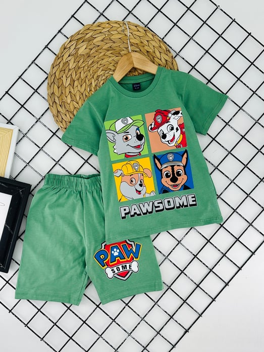 0703-3 Paw Patrol Baskılı Erkek Çocuk Penye Şortlu Takım (3/6 Yaş)-YEŞİL