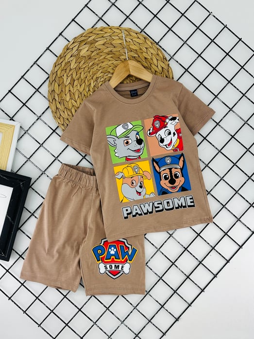 0703-3 Paw Patrol Baskılı Erkek Çocuk Penye Şortlu Takım (3/6 Yaş)-TABA