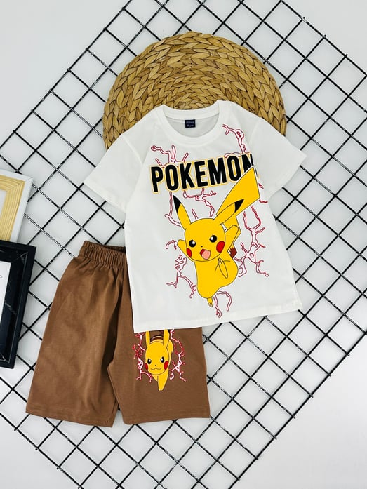 0703 Pkmn Yazılı Baskılı Erkek Çocuk Penye Şortlu Takım (3/6 Yaş)-SAKS MAVİ
