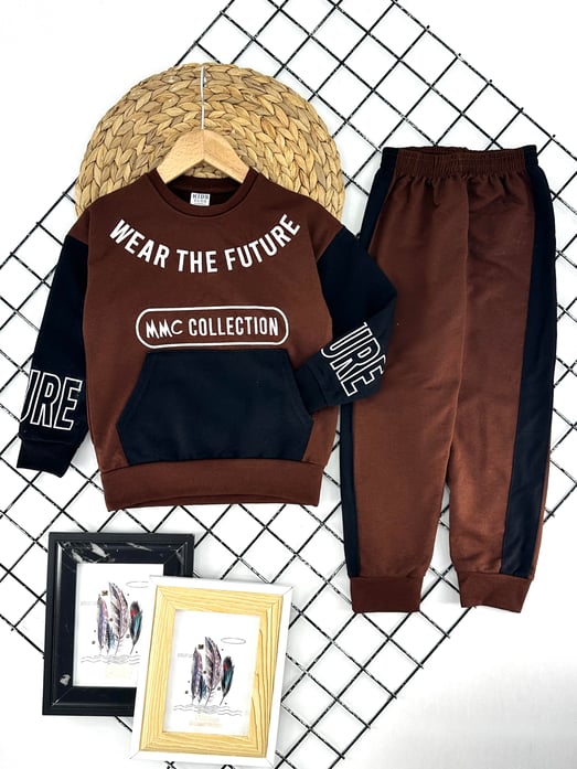 0929 Wear The Yazılı Erkek Çocuk Penye İki İplik Takım-KAHVE