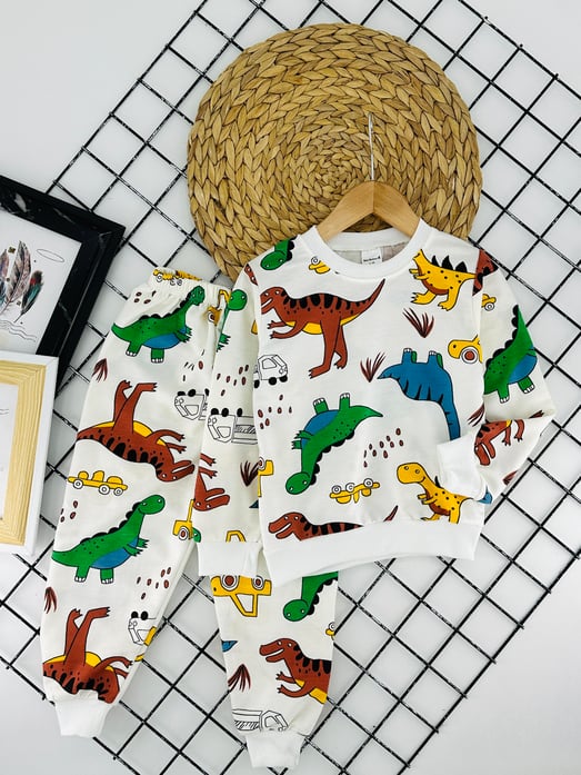 1000-11 Dinozor Baskılı Erkek Çocuk Penye Pijama Takımı-KREM