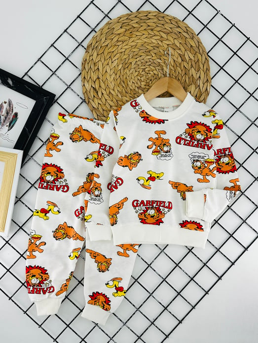 1000-16 Garfield  Baskılı Erkek Çocuk Penye Pijama Takımı-KREM