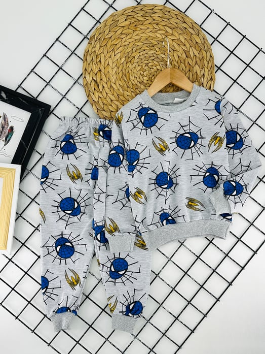 1000-18 Mavi Kafalı Örümcek  Baskılı Erkek Çocuk Penye Pijama Takımı-GRİ