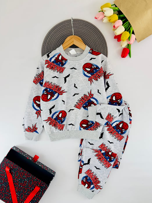 1000-19 Spdr  Baskılı Erkek Çocuk Penye Pijama Takımı-GRİ