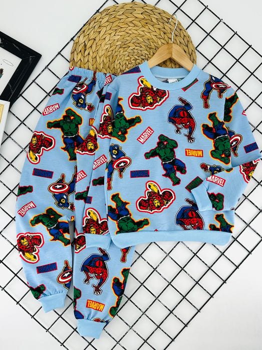 1000-20 Hulk  Baskılı Erkek Çocuk Penye Pijama Takımı-MAVİ