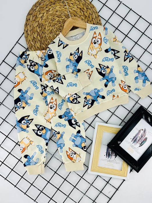 1000-33 Bly Baskılı Erkek Çocuk Penye Pijama Takımı-KREM