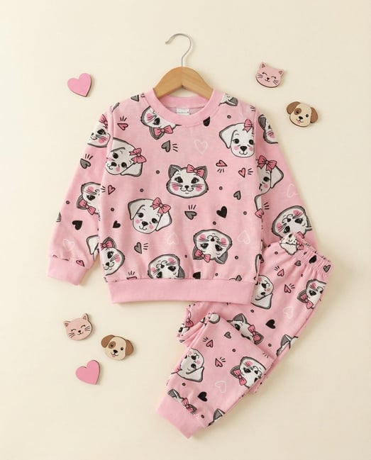 1000-48 Köpek Kalp Baskılı Kız Çocuk Pijama Takımı-PEMBE