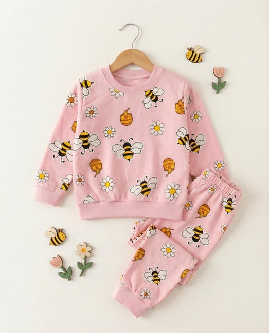 1000-49 Arı Bal Baskılı Kız Çocuk Pijama Takımı-PEMBE