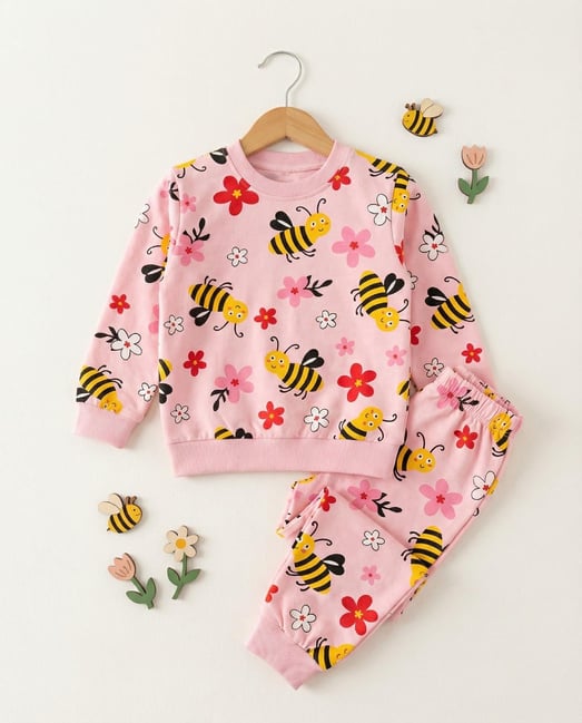 1000-50 Arı Çiçek Baskılı Kız Çocuk Pijama Takımı-PEMBE