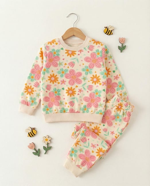 1000-51 Çoklu Çiçek Baskılı Kız Çocuk Pijama Takımı-KREM
