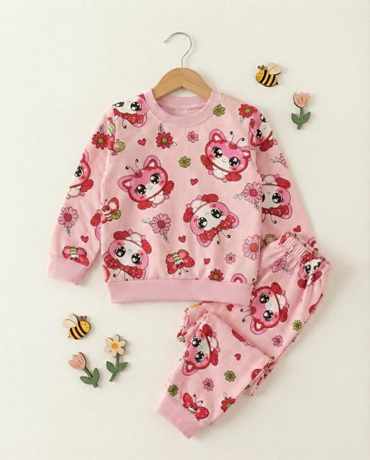 1000-52 Kelebek Çiçek Baskılı Kız Çocuk Pijama Takımı-PEMBE