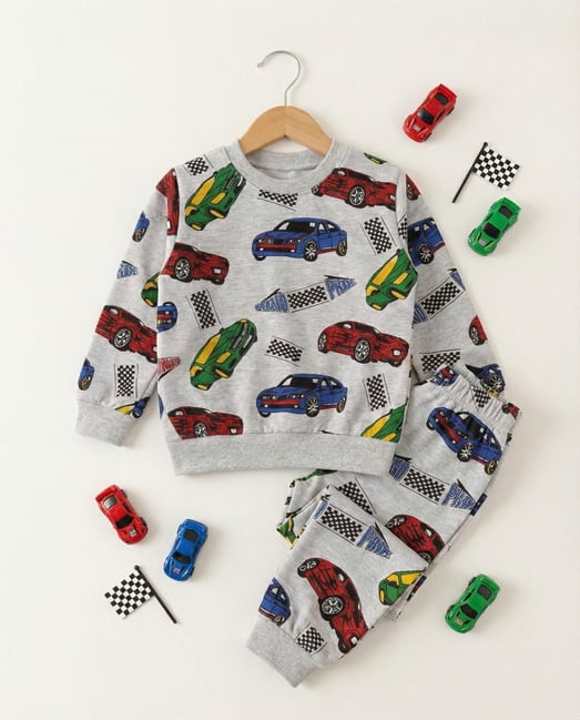 1000-61 Prix Yazılı Araba Baskılı Erkek Çocuk Pijama Takımı-GRİ