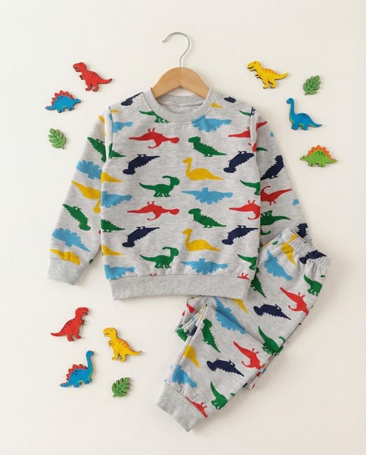 1000-63 Çoklu Dinazor Baskılı Erkek Çocuk Pijama Takımı-GRİ