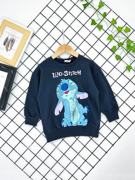 10007 Lilo Stch Baskılı Kız Çocuk Şardonsuz Üç İplik Sweat-FÜME
