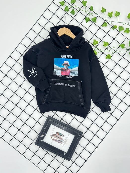 10076 One Piece Baskılı Erkek Çocuk kapşonlu Şardonsuz Üç İplik Sweat-SİYAH