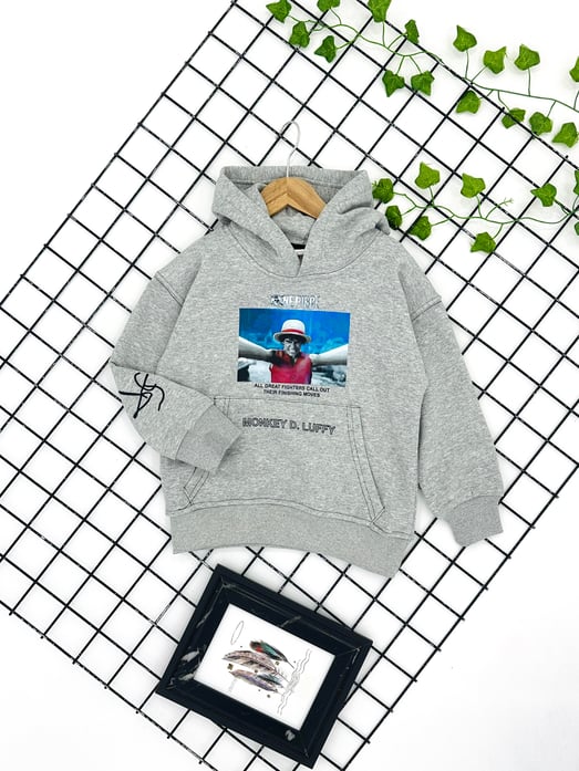 10076 One Piece Baskılı Erkek Çocuk kapşonlu Şardonsuz Üç İplik Sweat-GRİ