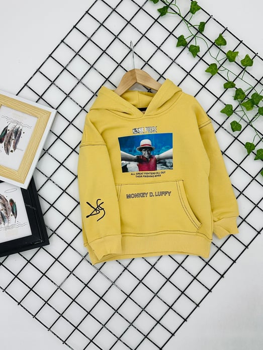 10076 One Piece Baskılı Erkek Çocuk kapşonlu Şardonsuz Üç İplik Sweat-SARI