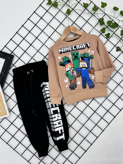 1012 Minecraft Yazılı Baskılı Erkek Çocuk Penye Takım-BEJ