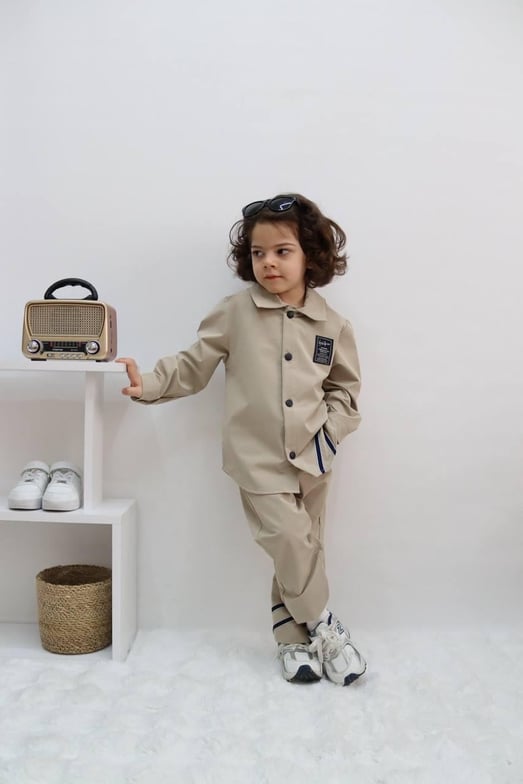 1051 Yanları Şeritli Erkek Çocuk Micro Kumaş Takım-BEJ